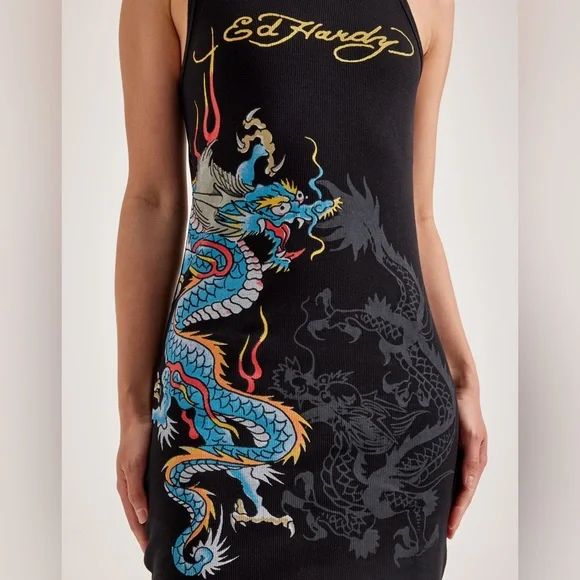 Ed Hardy Black Mini Dress with Blue Dragon Design - Picture 3 of 8